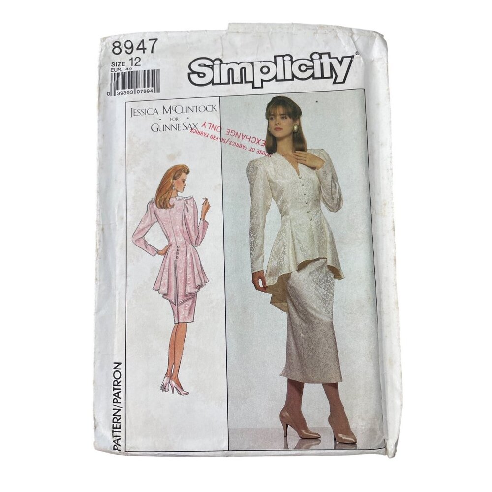 80s Simplicity 8947 Jessica McClintock Bridal 2Piece Dress Pattern Size 12 UNCUT